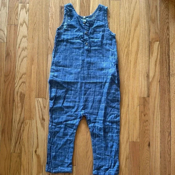 Nico Nico sz 6 romper 100% cotton, modern Organics blue checkered chambray EUC - Picture 1 of 7
